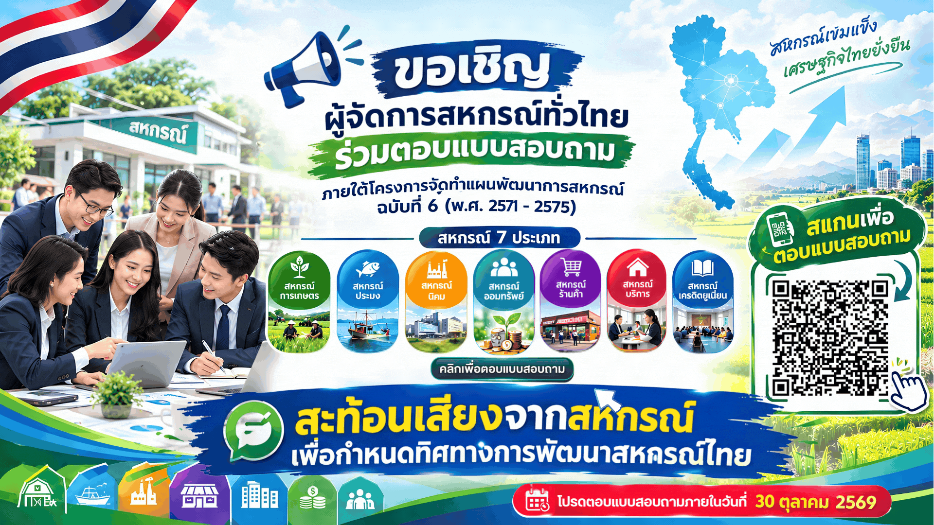 ขอเชิญผู้จัดการสหกรณ์ทั่วไทยร่วมตอบแบบสอบถามภายในโครงการจัดทำแผนพัฒนาการสหกรณ์ ฉบับที่ 6 (พ.ศ. 2571 -2575)
